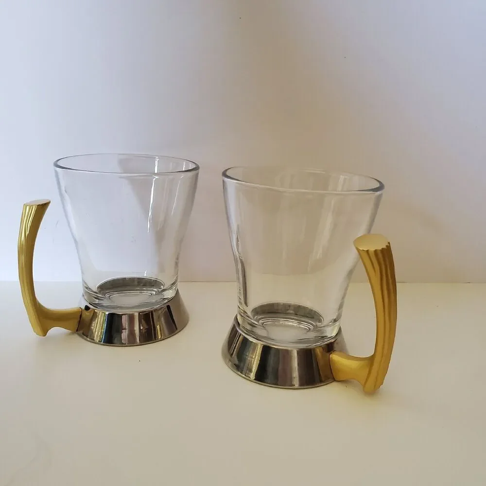 Gold & Stainless Silver MCM Glass Cups Coffee Teacups, Set of 2